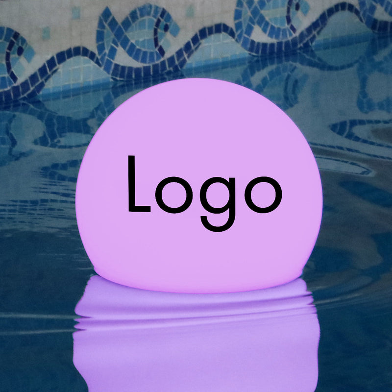 Anpassad flytande LED-poollampa med logotyp, märkt upplyst ljusklot, rund lampglob, upplyst flytande poollampa för företagsevent
