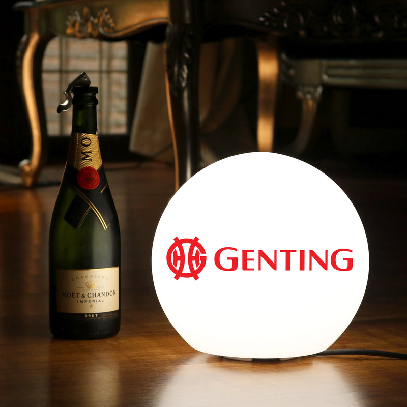 Anpassad bordsdekoration med varumärke, rund sfär, ramlös LED-ljuslåda med logotyp för mässa, företagsevent, prisutdelning