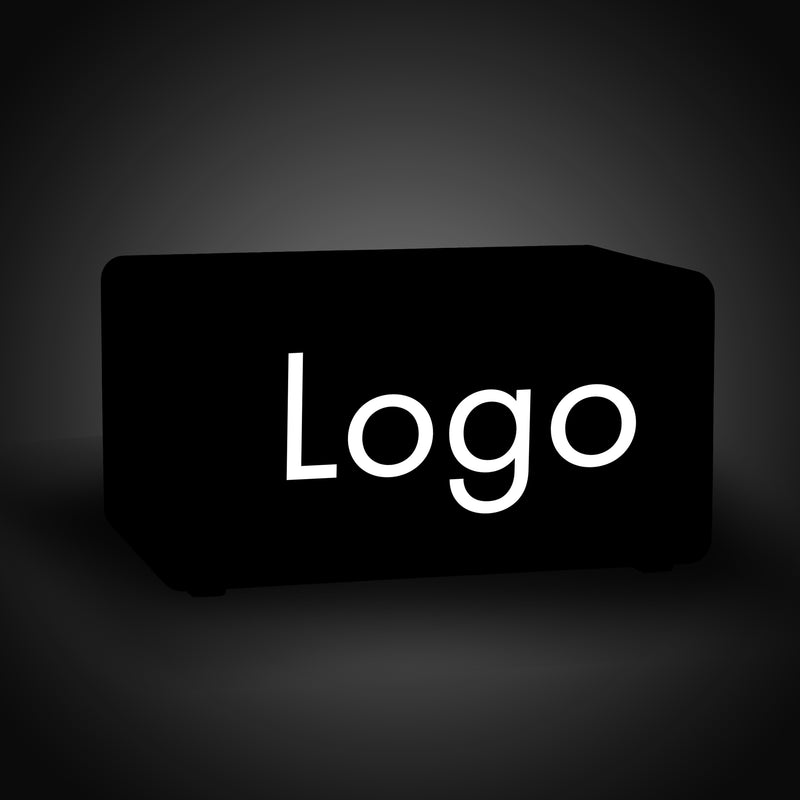 Ljuslåda märkt med logotyp, upplyst LED-stol, sits, bänk, anpassad rektangulär bakgrundsbelyst skylt för utställningsbås, lanseringsfest, nattklubb