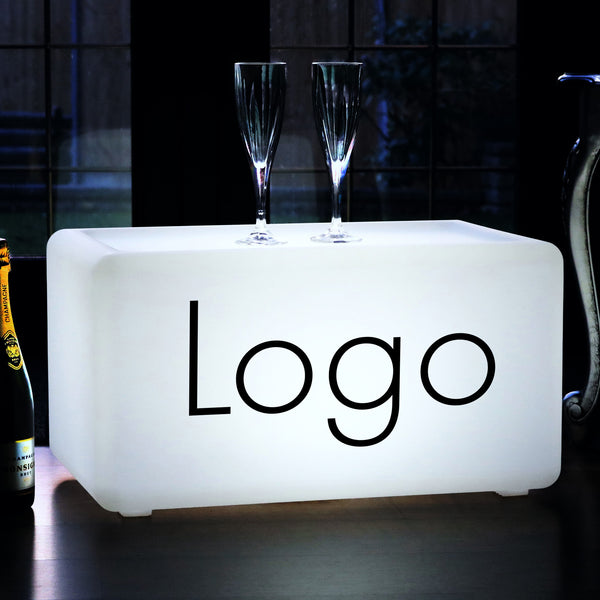 Upplyst ljuslåda med logotyp, anpassad LED-bänk, möbel, stol, sits, skräddarsydd ljusskylt med varumärke för event